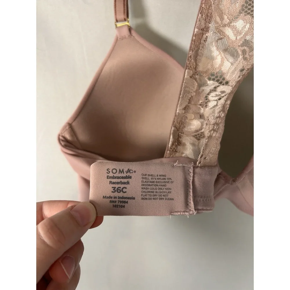Soma Bra 36C Embraceable Racerback Lined Underwire Adjustable Straps Lace Nude